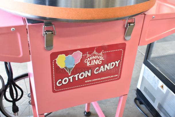 BRAND NEW Carnival King 382CCM21CT cotton candy machine with 21" stainless steel bowl, floss bubble, pink cart, 120V.