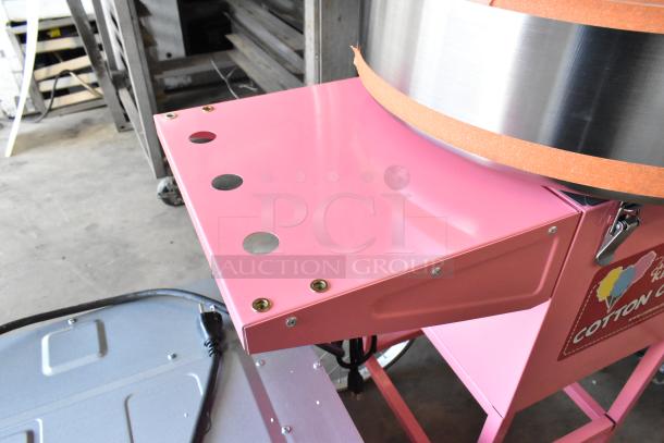Carnival King 382CCM21CT commercial cotton candy machine with 21" stainless steel bowl, floss bubble, and pink cart. Brand new.