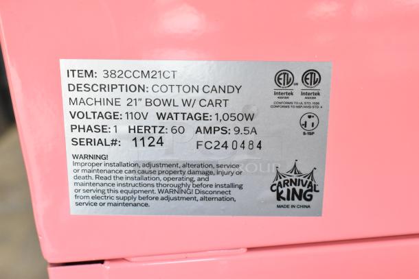 BRAND NEW 2024 Carnival King 382CCM21CT Cotton Candy Machine, 21" bowl, cart, 120V, stainless steel, pink, with tags.