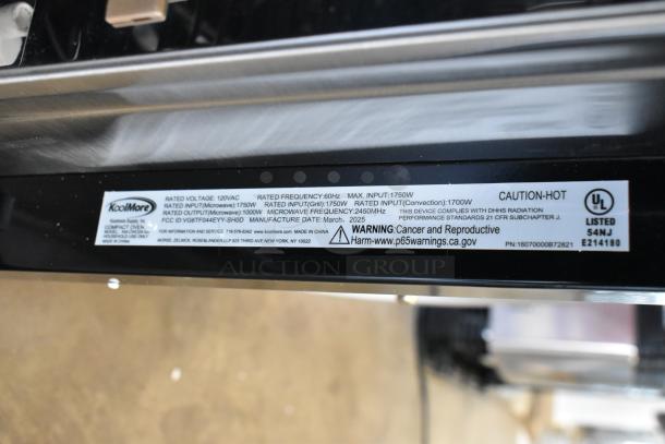 2025 KoolMore KM-CWO24-SS stainless steel convection oven with microwave tag. 120V, 1 phase, warnings noted.
