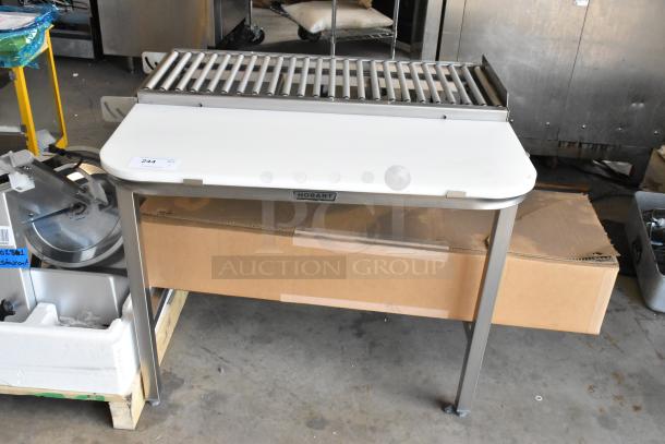 Hobart HRT5 stainless steel roller conveyor wrapping station, excellent condition, features conveyor rollers, branded Hobart.