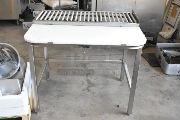 Hobart HRT5 stainless steel commercial roller conveyor wrapping station, sturdy design, clean condition, manufacturer label visible.