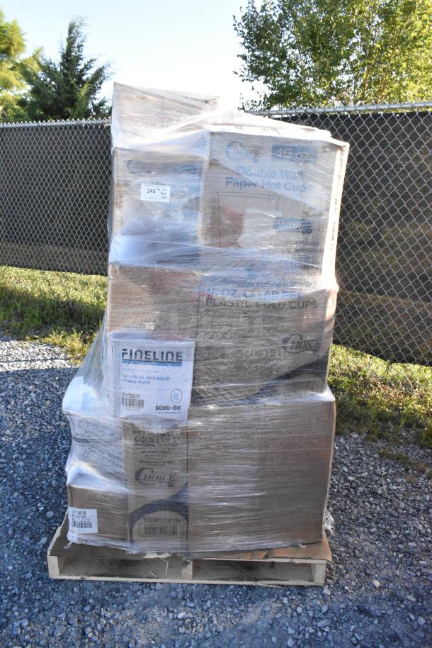 Pallet with 28 new scratch and dent items, including cold cups, hot cups, paper plates, and paper towels.
