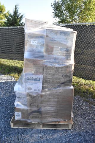 Pallet with 28 new scratch and dent items, including cold cups, hot cups, paper plates, and paper towels.
