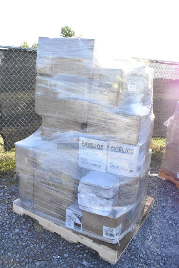 Pallet with 28 scratch and dent items, including cold cups, tumblers, hot cups, paper plates, wrapped in plastic. Labels visible.
