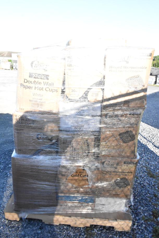 Pallet of 28 new scratch and dent items including Choice brand hot cups, cold cups, paper plates, and paper towels.