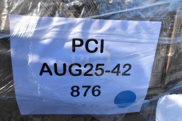 Pallet with scratch-and-dent items: cold cups, plastic tumbler, hot cups, paper plates, paper towel. Marked PCI AUG25-42 876.