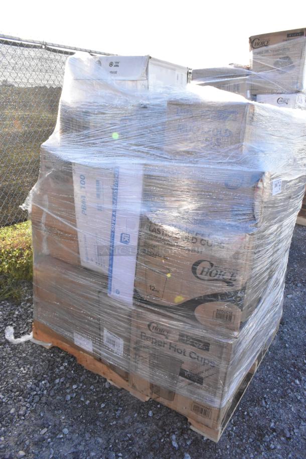 Pallet of 30 brand new items including cold cups, towel, and baking cups in original packaging, wrapped in plastic.