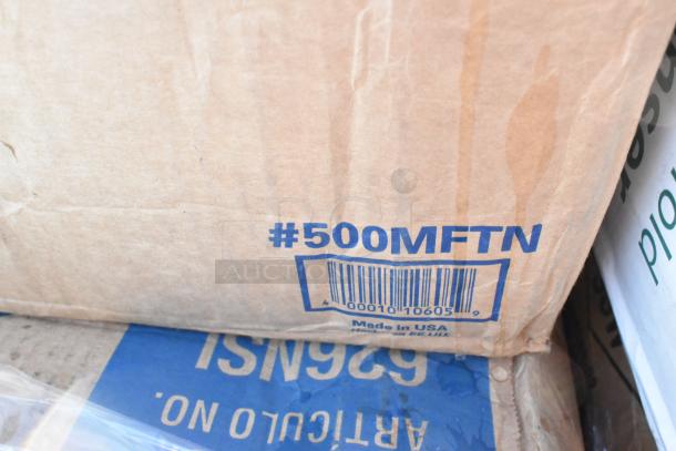 Box with "#500MFTN" label and barcode. Contains scratch and dent items like cold cups, towel, baking cups. Made in USA.