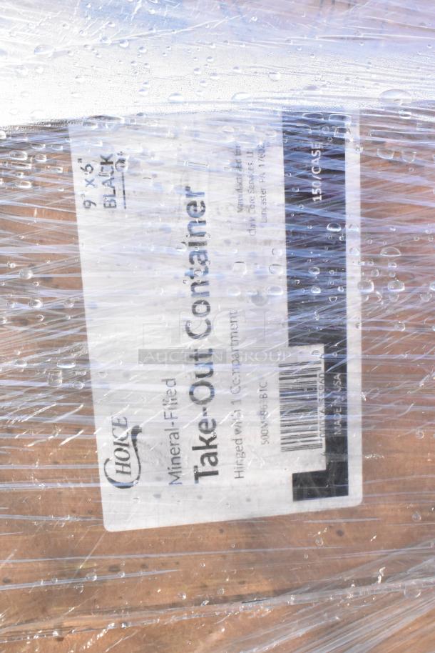 Plastic-wrapped pallet labeled "9x9 Black Take-Out Container," 150-case pack from Choice. Appears new, slightly wet.