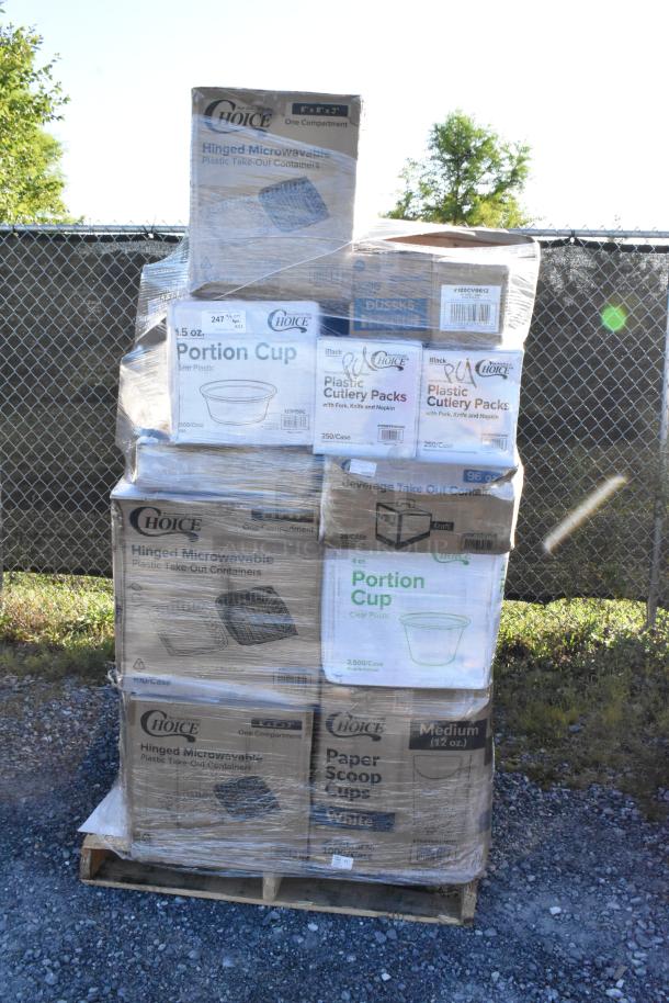 Pallet with 32 new "scratch and dent" items including Choice brand portion cups, take-out lids, containers, and plastic cutlery packs.