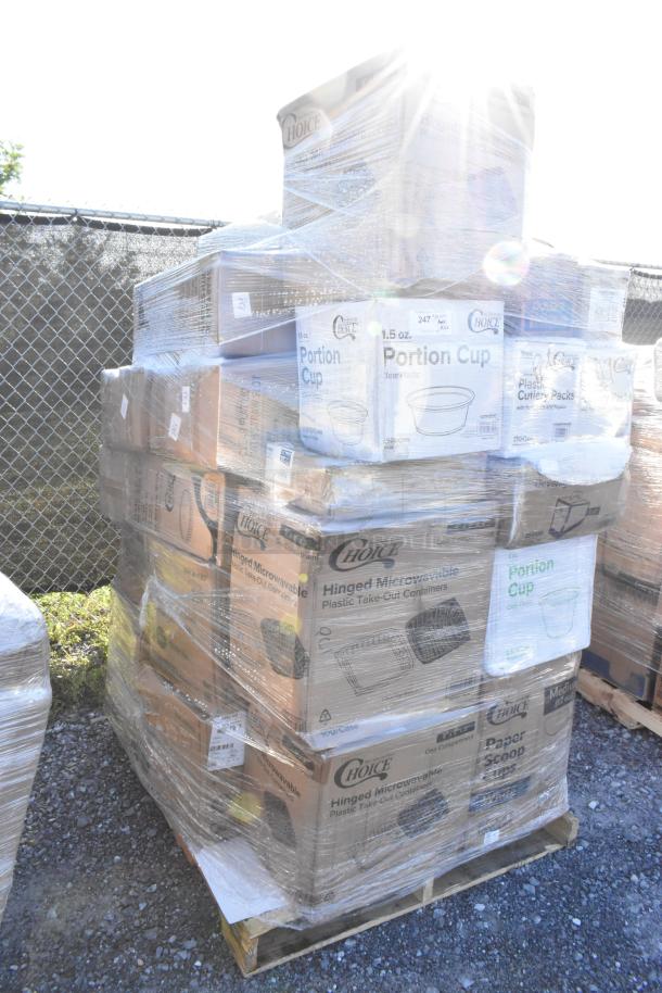 32 new scratch and dent items on pallet, includes Choice branded lids, containers, cups. Boxes labeled accordingly.