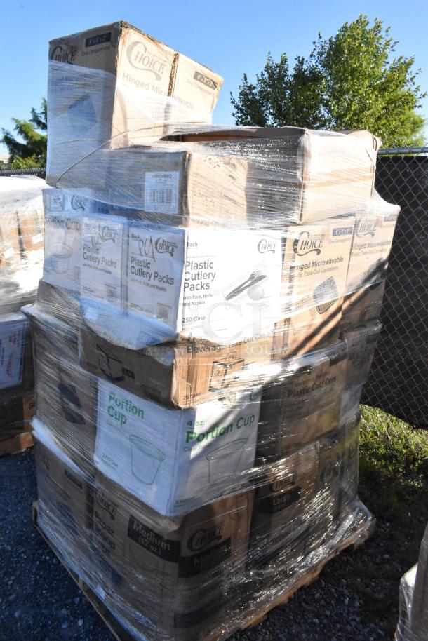 Pallet of boxed catering supplies, including take out lids, containers, cups, and cutlery packs, new condition.