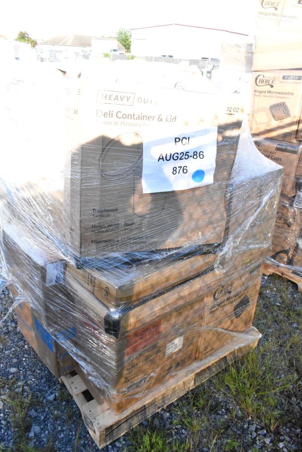 Palette of 27 assorted scratch and dent items, including toilet rolls, cone cups, bags, cutlery, trays, wrapped and labeled.