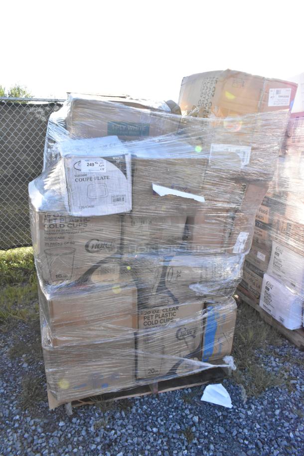 Pallet of 28 new scratch and dent items including lids, cold cups, take out containers, and plates in shrink-wrapped boxes.