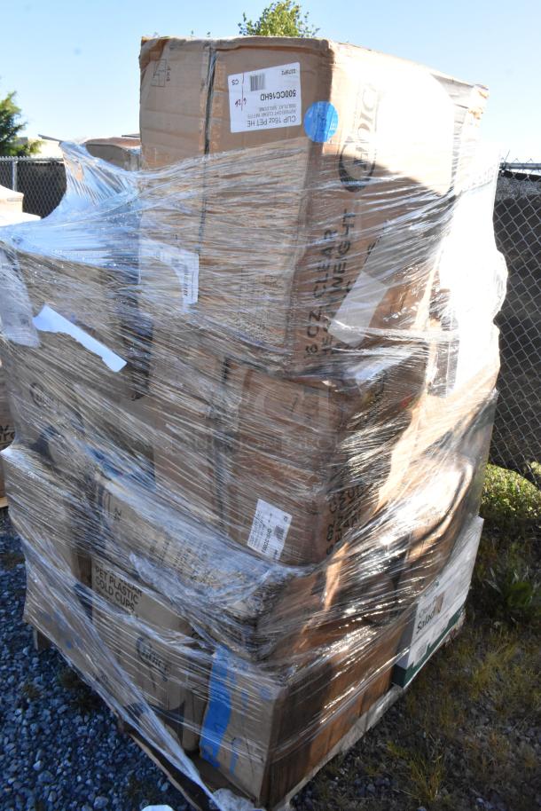 Pallet of 28 brand new scratch and dent items wrapped in plastic, includes cold cups, takeout containers, and more. Labels visible.