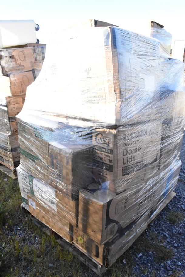 Pallet of 28 new scratch and dent items, includes lids, cups, containers, plates. Visible brand "Choice" on packaging.