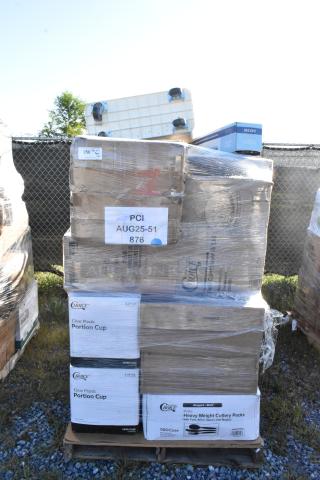 Stack of 30 new scratch and dent items including containers, wax paper sheets, souffle cups, and plastic cutlery.