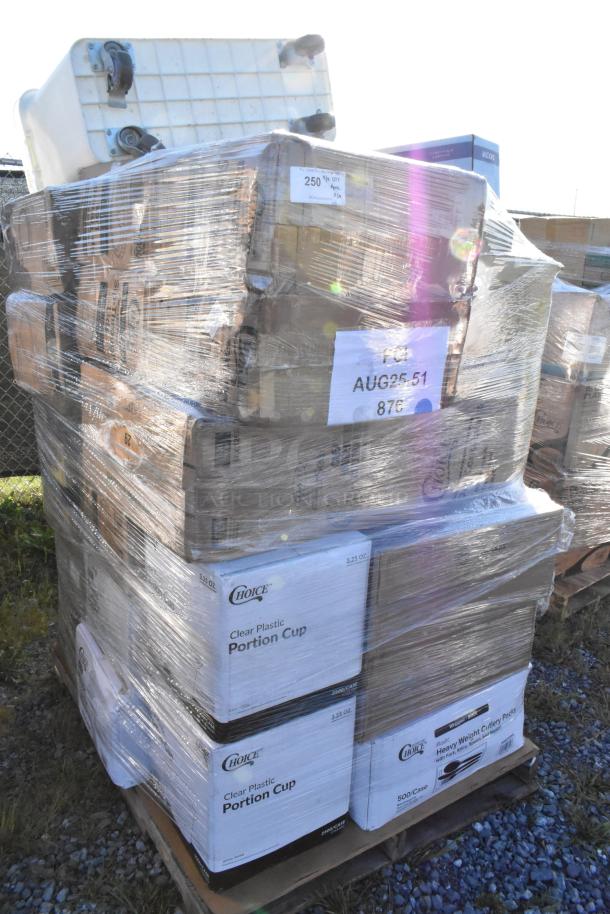 Auction lot of 30 new items; includes containers, wax paper, souffle cups, plastic cutlery. Scratch and dent condition.