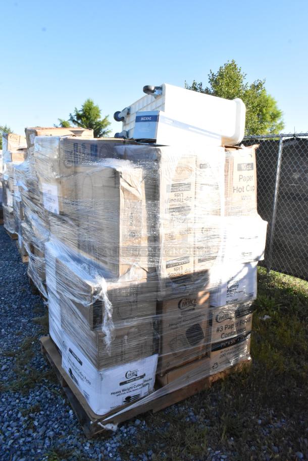 Pallet of sealed boxes containing scratch and dent items, including Choice brand containers, cutlery packs, and wax paper.