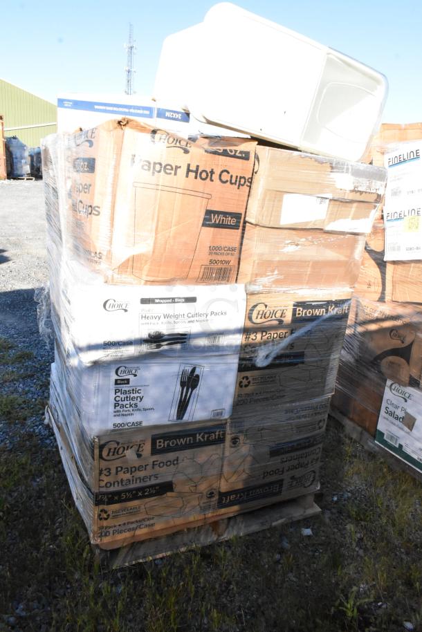 Pallet of brand new "Choice" scratch and dent items including paper hot cups, plastic cutlery packs, and food containers, wrapped in plastic.