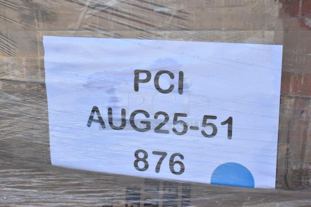 Pallet wrapped in plastic with a tag marked "PCI AUG25-51 876," containing 30 scratch and dent items like containers and cutlery.