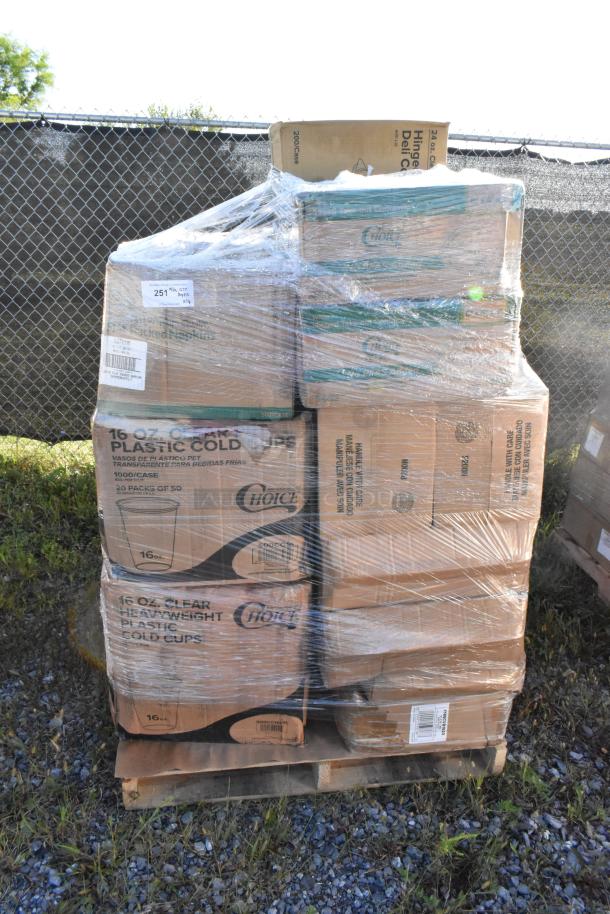 Shrink-wrapped pallet of mixed items, including plastic cups and containers, some scratch and dent. Boxes labeled Choice.
