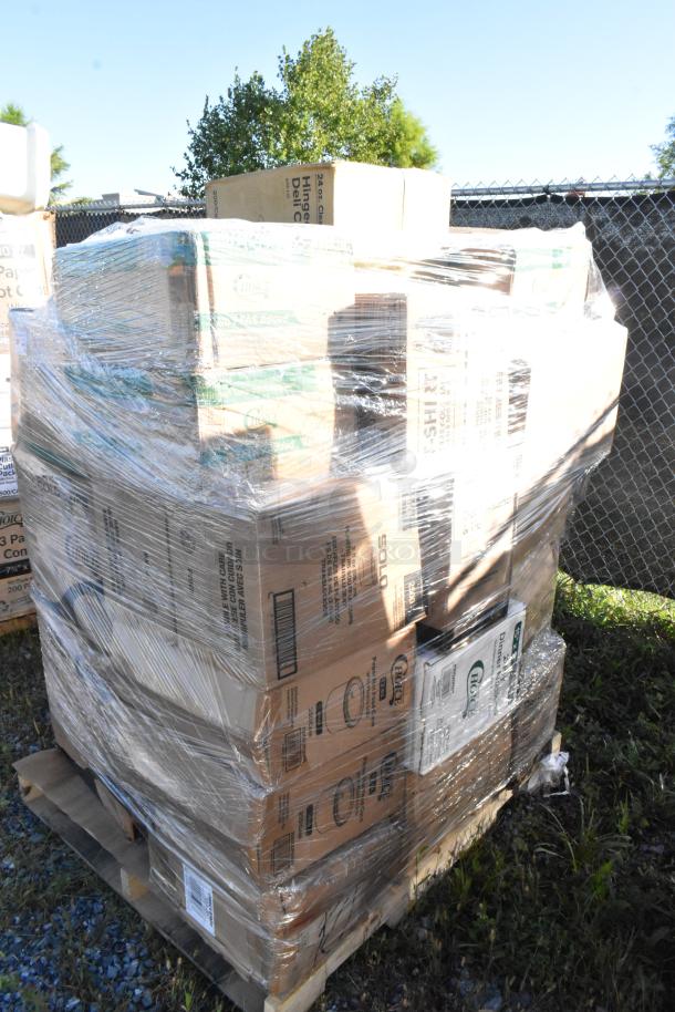 Pallet of 28 scratch and dent items including gloves, trash bags, hot cups, deli containers, and more, wrapped in plastic.