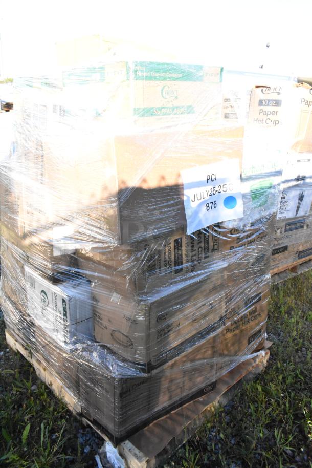 Pallet of 28 new scratch and dent items including gloves, trash bags, hot cups, deli containers, wrapped in plastic.