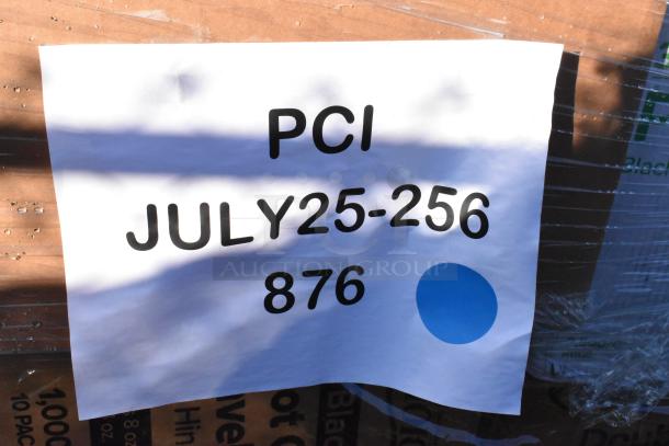 Box labeled "PCI JULY25-256 876" containing assorted new scratch and dent items such as gloves, trash bags, and cups.