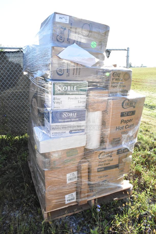 Pallet of 36 new scratch and dent items, including Noble gloves, Choice paper plates, and hot cups, encased in plastic wrap.