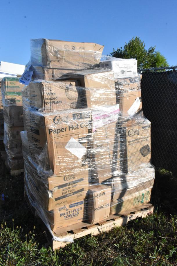 Pallet of 36 assorted kitchen items, including Choice paper plates, napkins, hot cups, and multi-fold towels, shrink-wrapped.