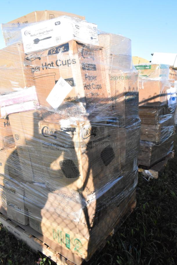 Pallet of 36 brand new scratch and dent items including choice paper hot cups, containers, wrapped in plastic.