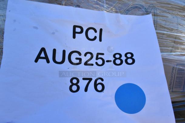 White paper label on auction item, marked "PCI AUG25-88 876," with a blue dot, covering wrapped products. Detailed listing includes 36 new scratch-and-dent items such as food cups, paper plates, containers, napkins, hot cups, and butcher paper roll.