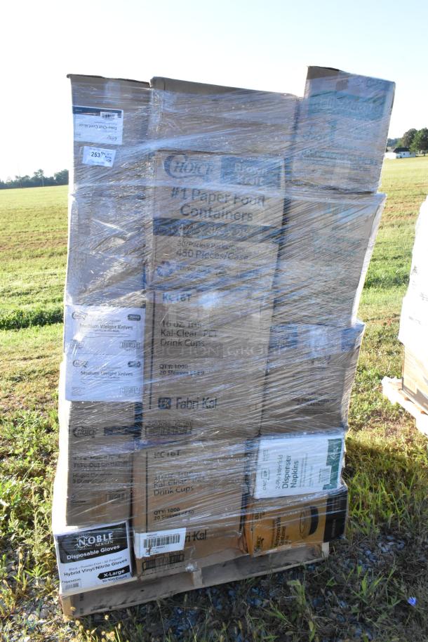 Pallet of 35 new items in boxes, including cups, containers, gloves, and trash bags. Items shrink-wrapped for protection.