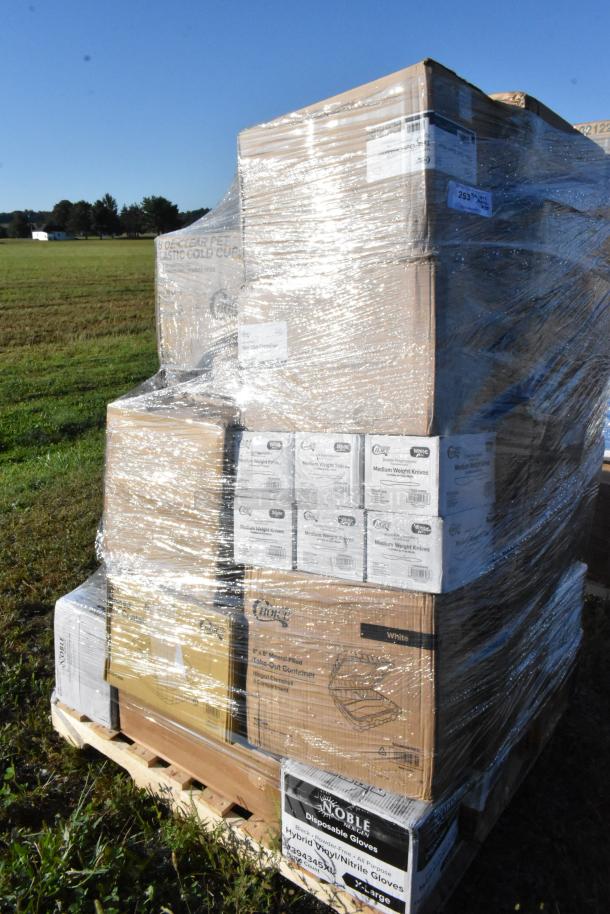 Pallet of 35 new scratch and dent items, including cups, containers, gloves, and trash bags. Labeled boxes in plastic wrap.