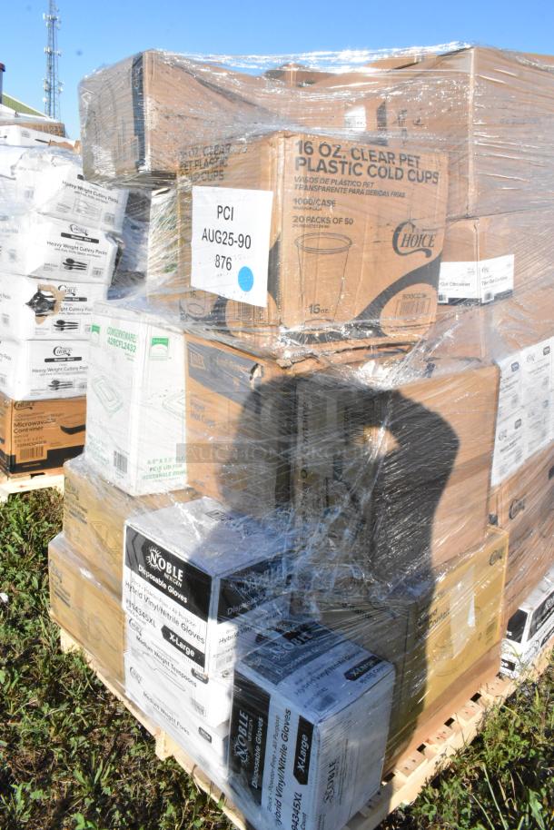Pallet of 35 assorted scratch and dent items, including cups, containers, gloves; brands visible: Choice, Noble.