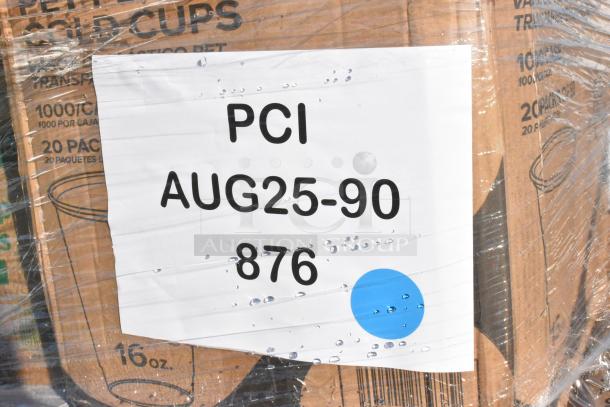 35 brand new scratch and dent items including cups and containers, labeled "PCI AUG25-90 876" with visible packaging details.