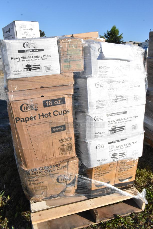 Boxes of 28 new scratch and dent items including Choice brand paper hot cups, plastic cold cups, heavy weight cutlery, shrink-wrapped on a pallet.