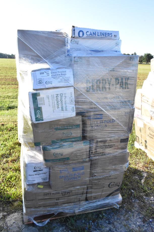 Pallet with 33 new scratch and dent items, including trash bags, plastic forks, cups, napkins, and to-go containers.