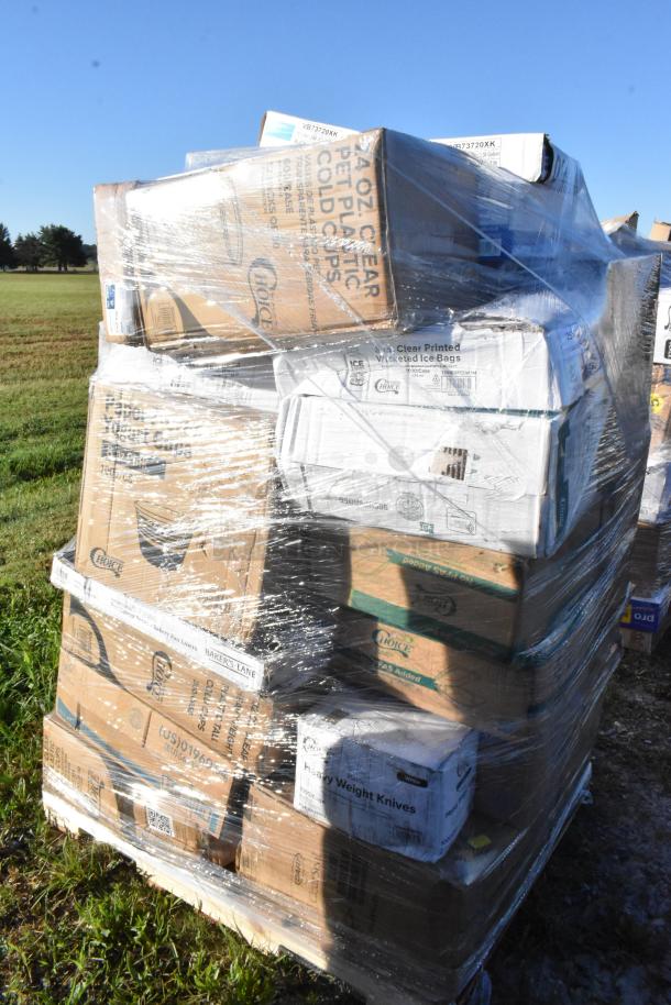 Shrink-wrapped pallet of 33 scratch and dent items including trash bags, plastic forks, cups, napkins, and containers.