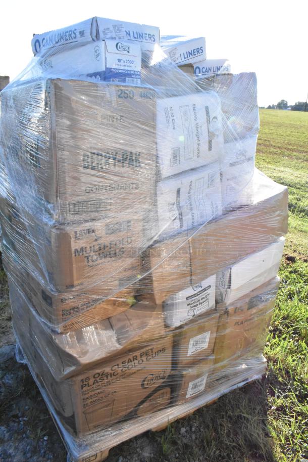 Pallet of 33 brand new scratch and dent items, including trash bags, plastic forks, cold cups, napkins, to-go containers.