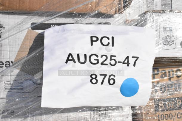 Pallet of 33 brand new scratch and dent items, including trash bags, plastic forks, cups, napkins. Tag reads "PCI AUG25-47 876."