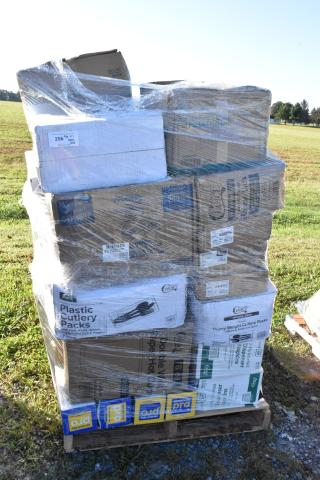 40 BRAND NEW SCRATCH AND DENT! Items Including Napkins, Paper Plates, Ice Bags, Sandwich Wrap Sheets, Paper Towels. See Description for Details. 40 Times Your Bid! - Item #1206345