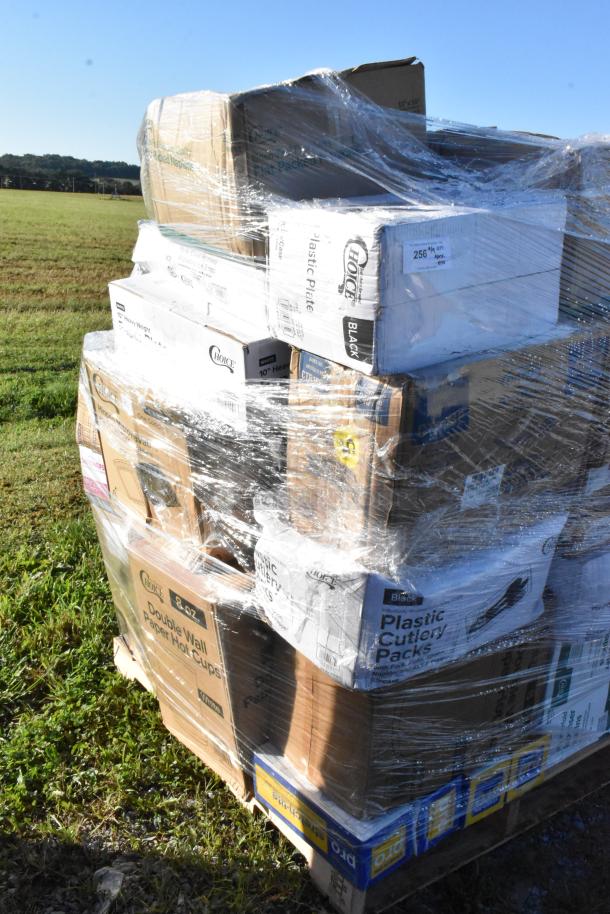 Plastic-wrapped pallet of 40 scratch and dent items including napkins, paper plates, and paper towels. Various brands visible.