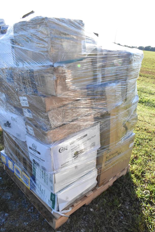 Pallet of 40 packaged supplies including napkins, paper plates, ice bags, sandwich wrap sheets, and paper towels, wrapped in plastic.