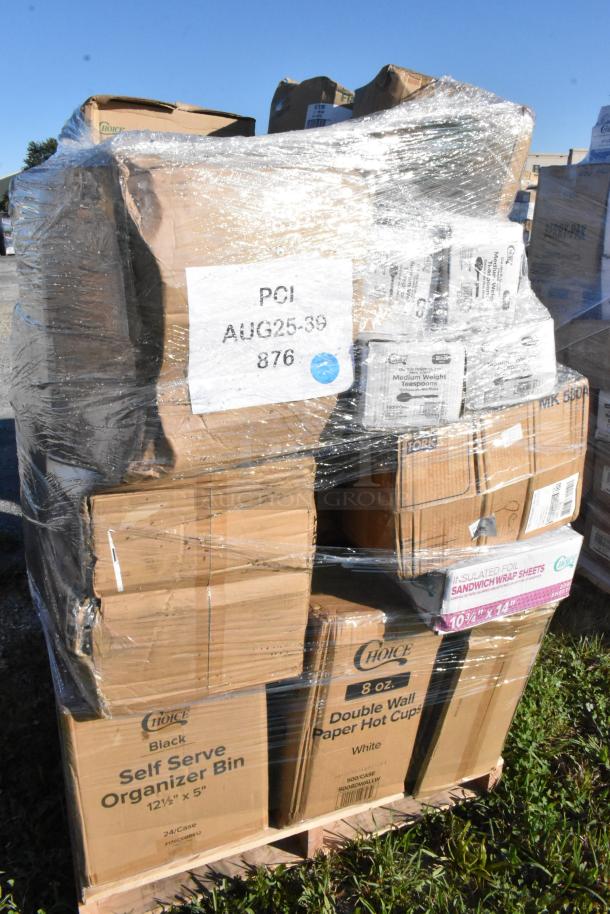 Pallet of 40 brand new scratch and dent items, including napkins, paper plates, ice bags, sandwich wrap sheets, and towels, wrapped for auction.