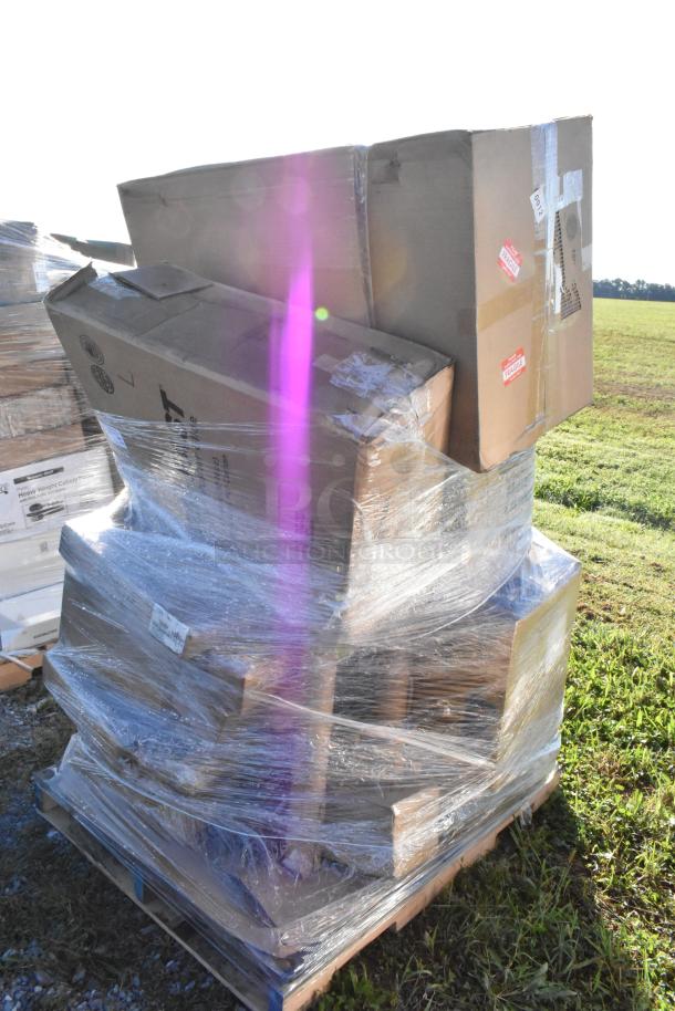 Stack of 20 scratch and dent items, including organizer bins and mop buckets, wrapped in plastic on a pallet outdoors.