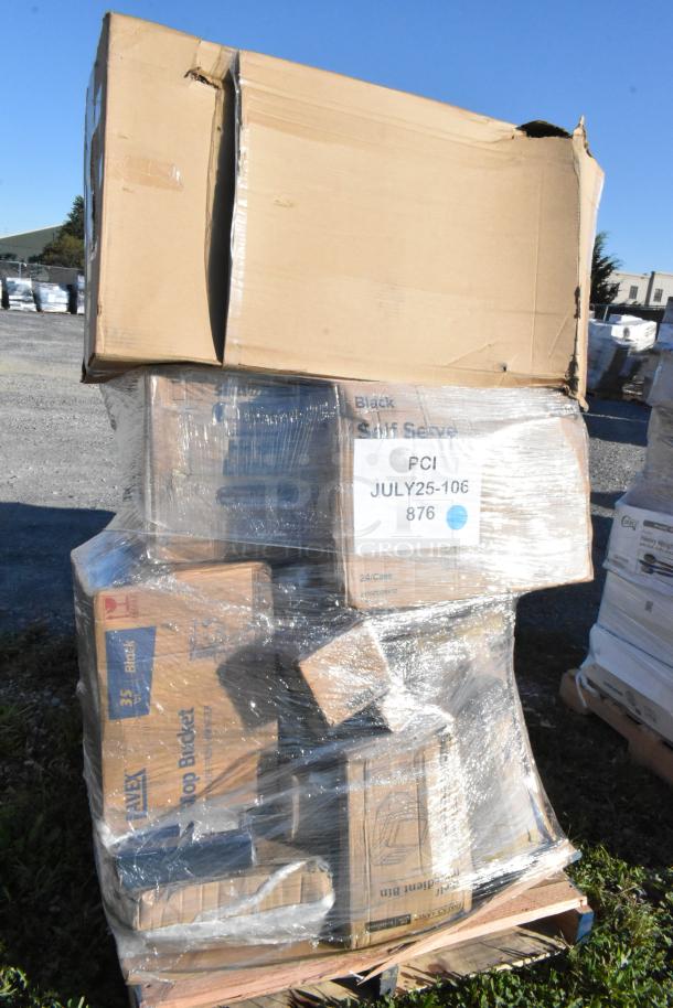 Bundle of 20 new scratch and dent items on pallet, including organizer bin, mop bucket, and more. Labeled "PCI JULY25-106 876."