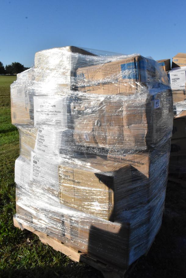 Pallet of 34 brand new scratch and dent items, including trash bags, paper towels, deli containers, cups, wrapped in plastic.